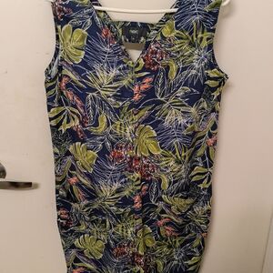 Next Navy Tropical-Print Midi Dress with Green & Coral Leaf Motif